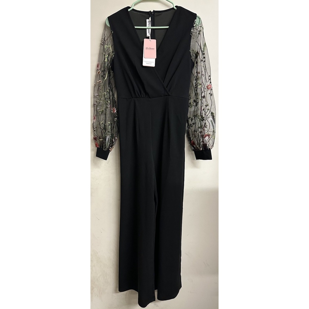 JJ's House Jumpsuit S Black Wide Leg Floral Embroidered Mesh Balloon Sleeve  NWT